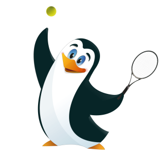 Pingwin grający w tenisa z rakietą i piłką.